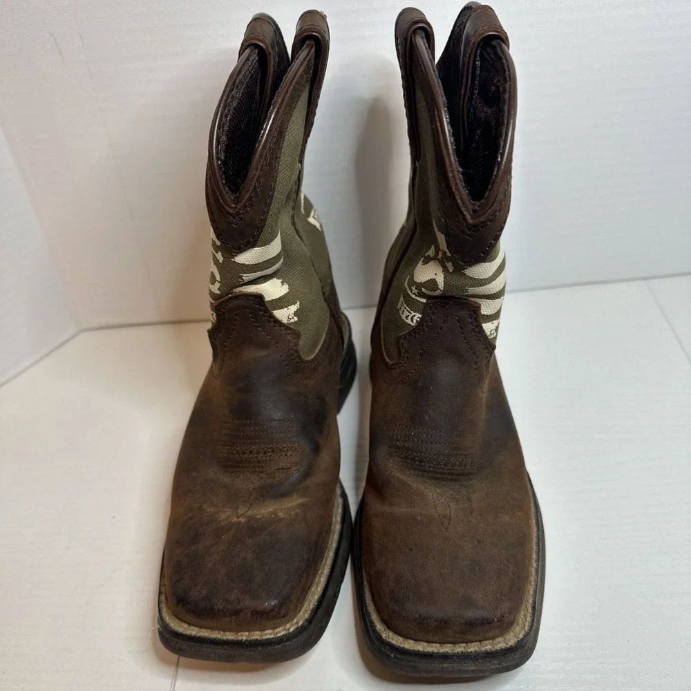Durango Western Cowboy Boots Boys Size 12 M Brown Army Green USA Pull On